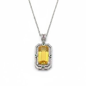 YELLOW GLASS, ART DECO STYLE PENDANT SILVER NECKLACE